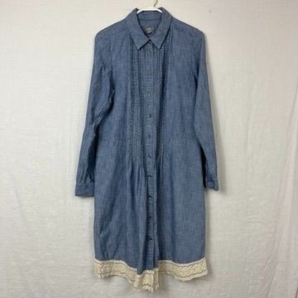 J Jill Long Sleeve Full Button Denim Lace Midi Dress Womens M‎ Cottage Modest